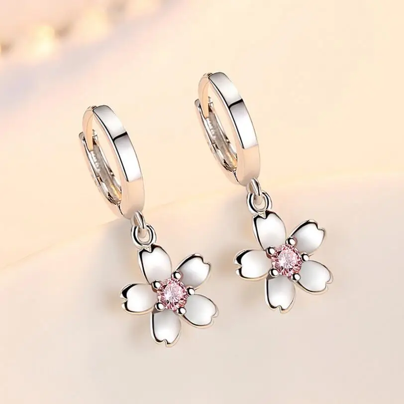 Fashion Child 925 Silver Pink Zirconia Cute Flower Hoop Earrings Girl Women Beautiful Huggies Earring Jewelry Anti-Allergic E198