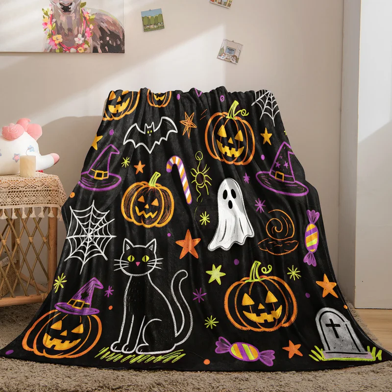 Cute Halloween Flannel Blanket Cartoon Ghost Black Cat Pumpkin Tombstone Print Throw Blankets Kawaii Sofa Bed Decor Holiday Gift