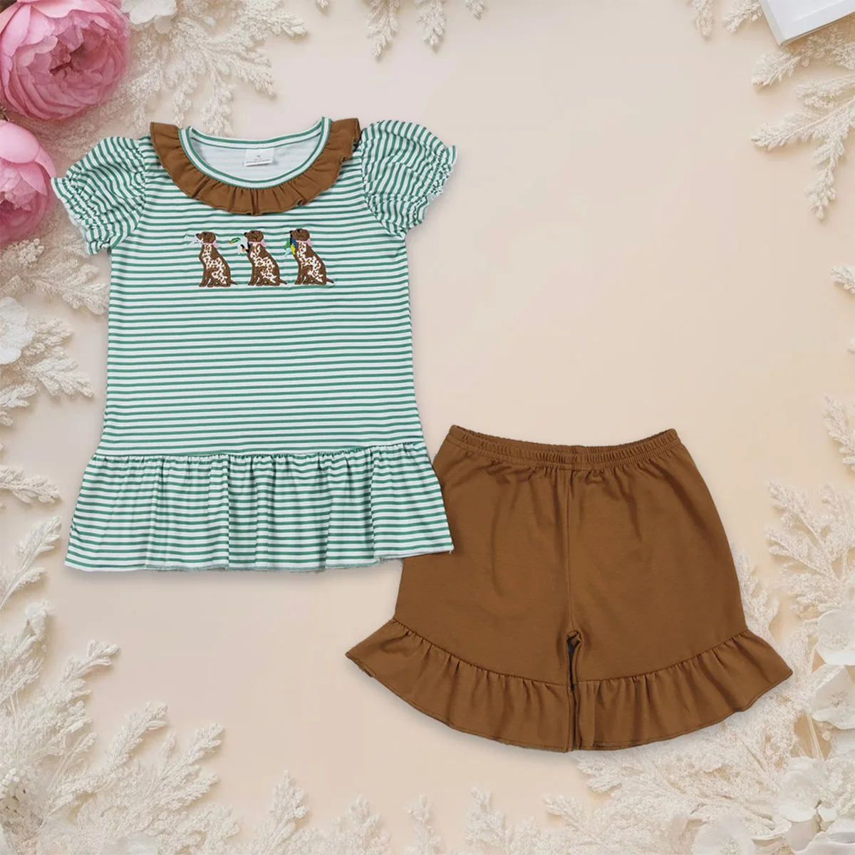 

Fashion Kids Clothes Baby Girl Outfit Cute Embroidery Ducks Dogs Stripe Collar Tunic Top Ruffle Shorts Hunting Toddler Clothing