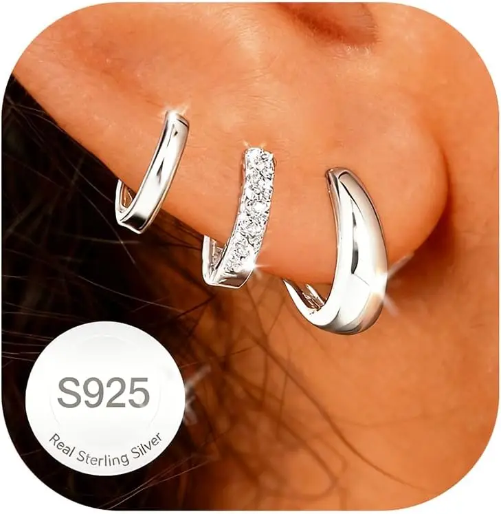 

Small Silver Hoop Earrings for Women, Hypoallergenic 14K Gold Huggie Set, Stylish Jewelry Gift for Multiple Piercings