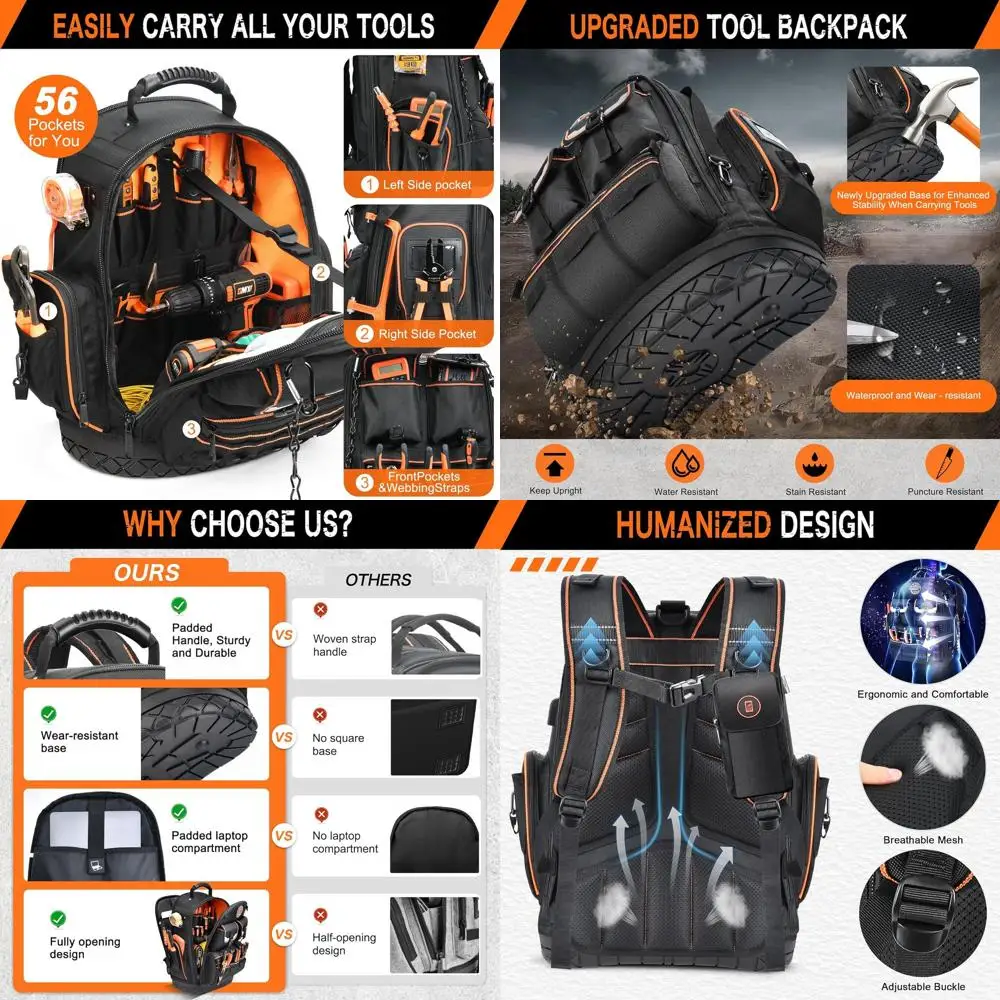 

Большой черный прочный рюкзак для инструментов электрика с формованным дном и запираемым органайзером для систем ОВКВ и строительства