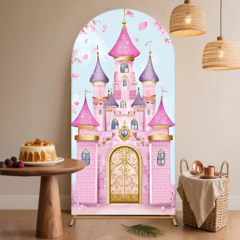 VIKAMA Rosa Schloss-Bogen-Hintergrundwand – Märchenhaftes Design – Hintergrund für Innen- und Außenpartys