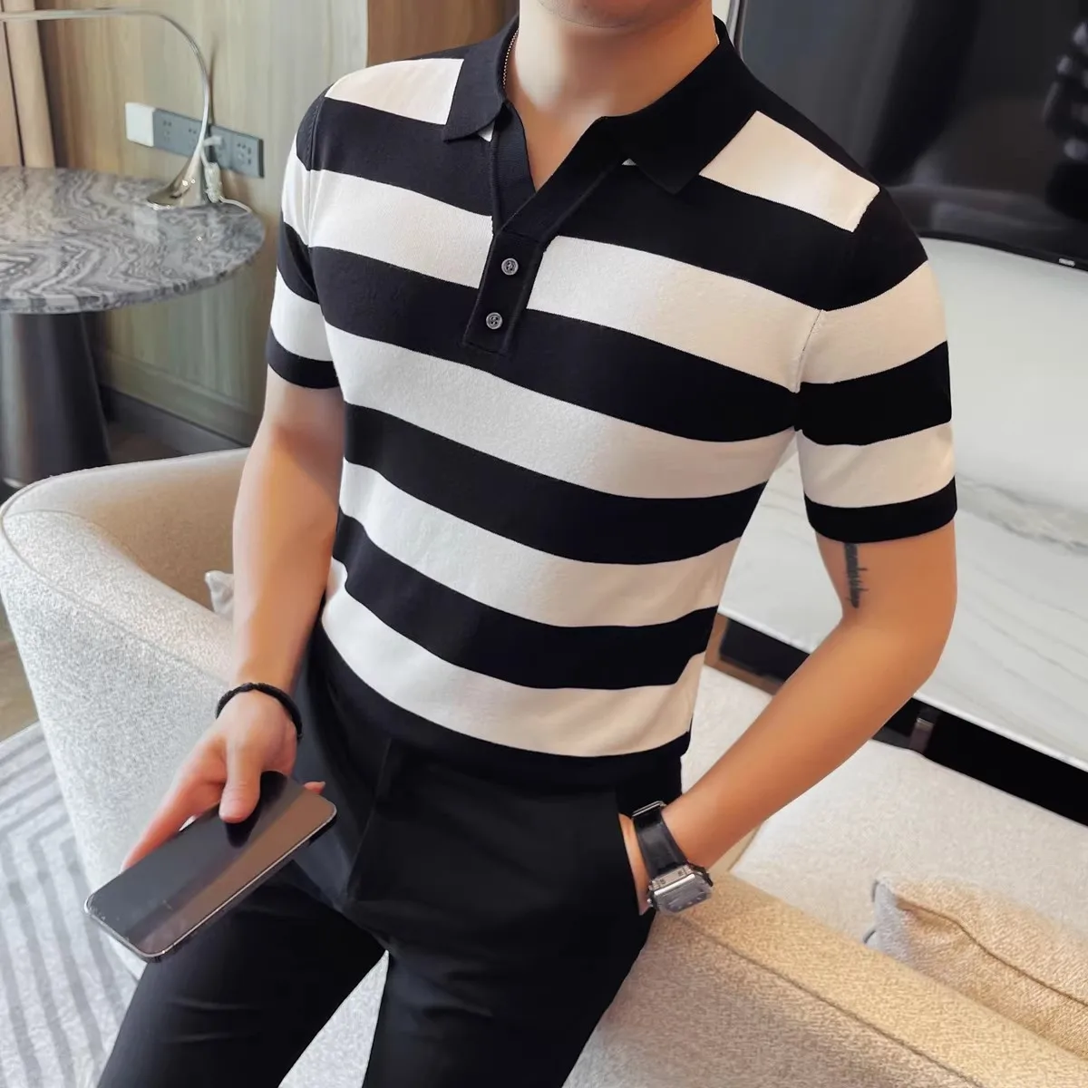 

Summer Men's Striped Knit Polo Shirts Fashion Turn Down Collar Short Sleeve Polos Men Slim Fit Smart Casual Knitted Tees Tops