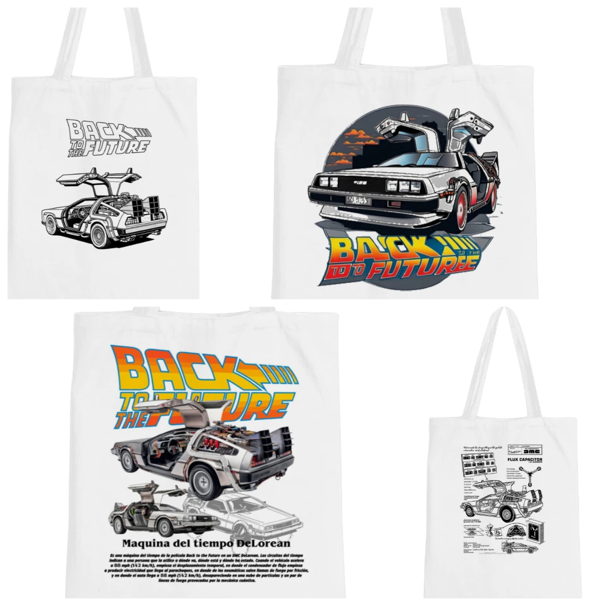 

White Graphic Print DeLorean Back To The Future Canvas Shopping Tote Bag Open-Top Shopper Shoulder Bag for Gift-Giving