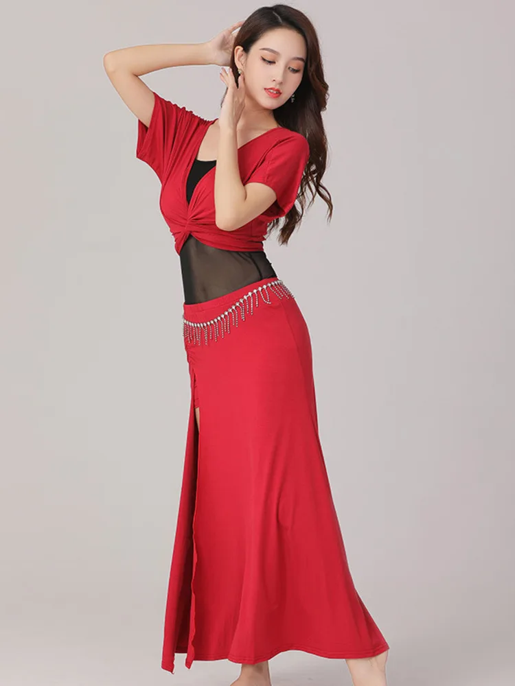 Short Sleeves Street Dance Belly Latin Clothes Mesh Patchwork Top Flamenco Arab Woman Jazz Split Skirt Costume Classical Suit