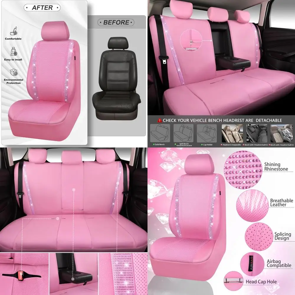 

Universal Fit Pink Glitter Crystal Sparkle Car Seat Covers Waterproof Faux Leather for Women and Girls