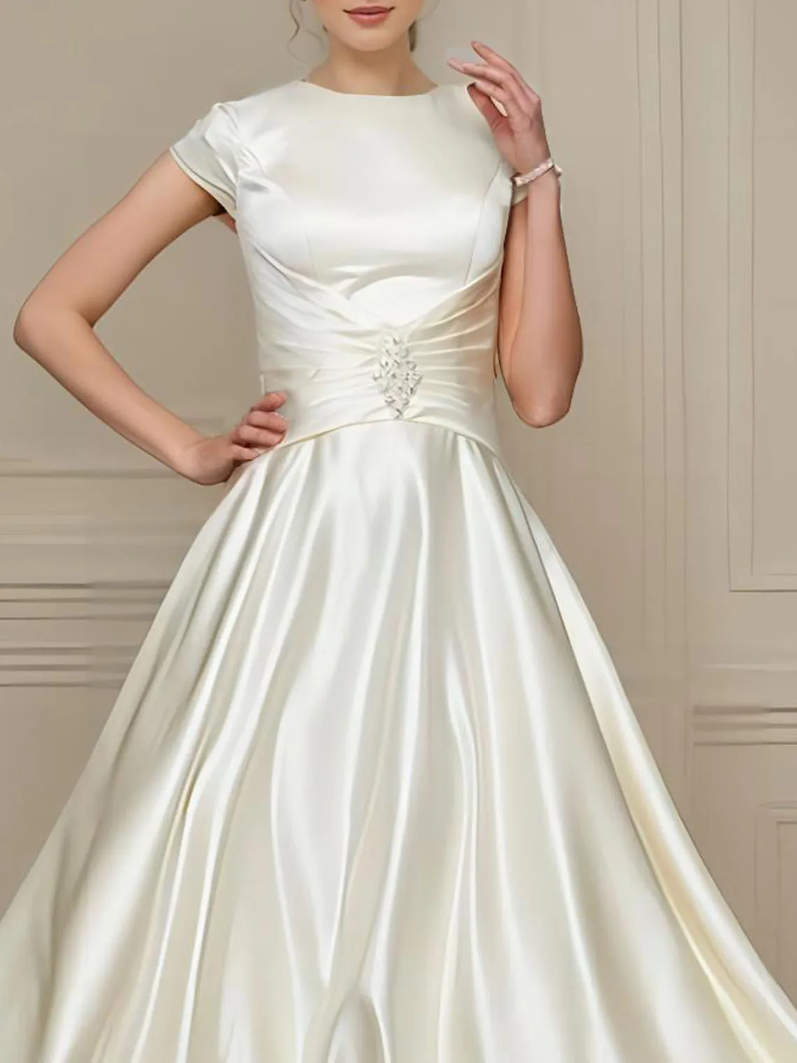 Gaun Tamu Pernikahan A-Line Elegan Gaun Malam Prom Pinggang Manik-manik Lengan Topi Leher Permata Panjang Pergelangan Kaki Satin 2025 Gratis Disesuaikan