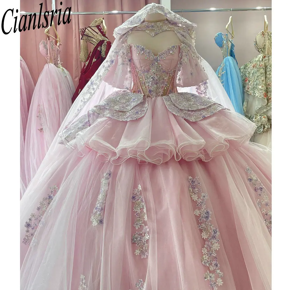 Pink Princess Beading Sequined Quinceanera Dresses With Cape Ball Gown 3D Flowers Ruffles Sweet 15 Birthday Party