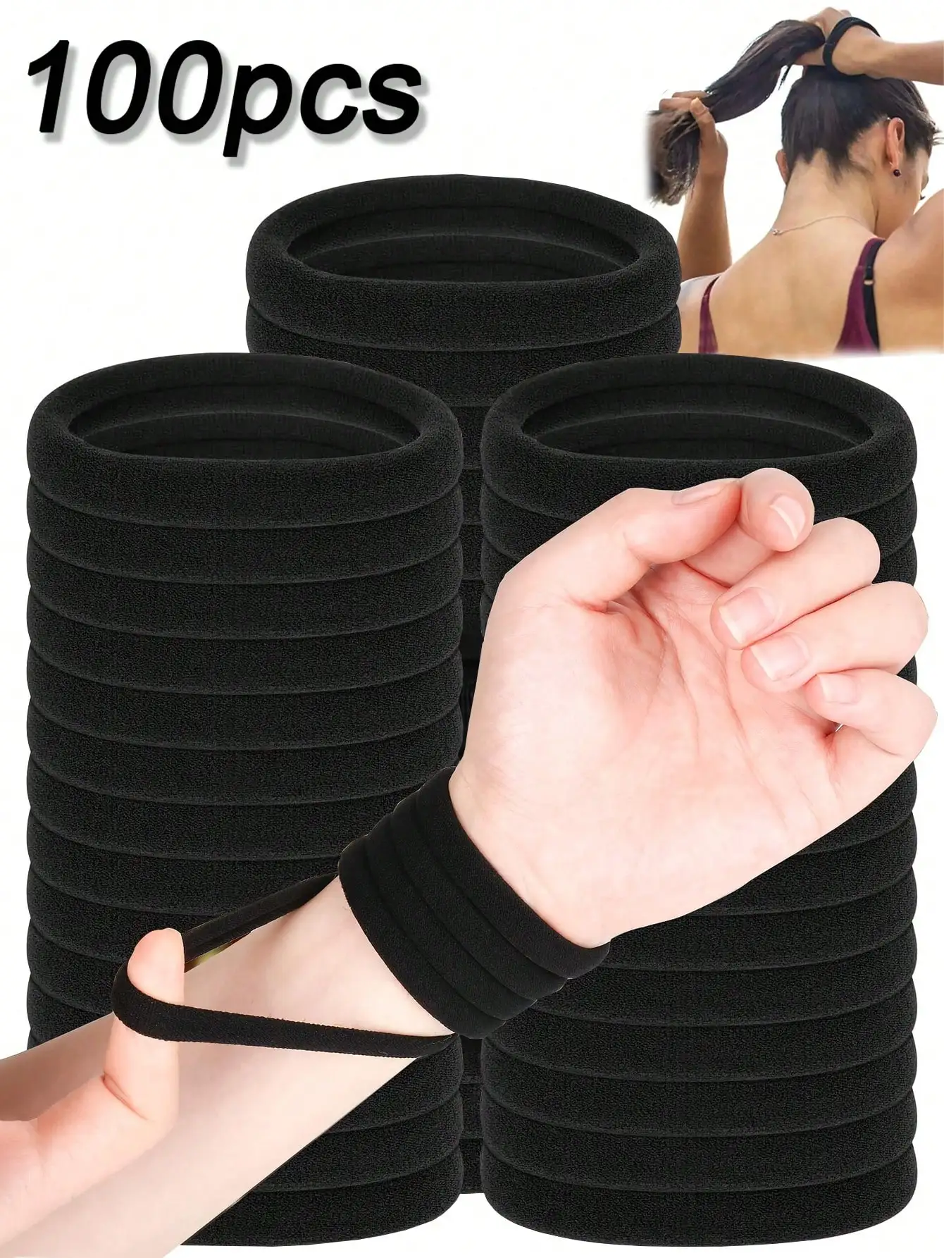 100Pcs Black Fabric Hair Bands 4CM High Elasticity Minimalist Style Hair Ties for Braids And Ponytails