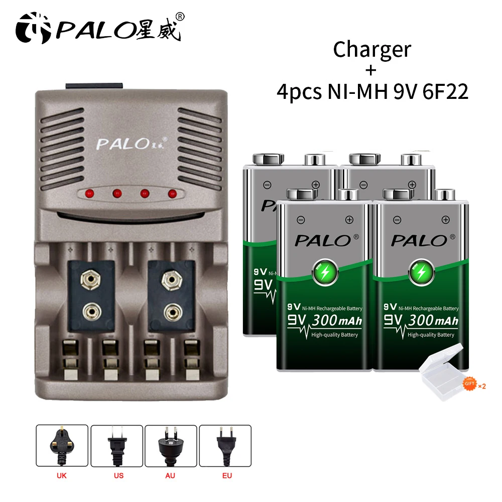 4pcs 9V 6F22 300mAh ni-mh rechargeable battery + smart LED charger for AA AAA 9V 6F22 Ni-MH Ni-Cd travel EU US UK AU plug