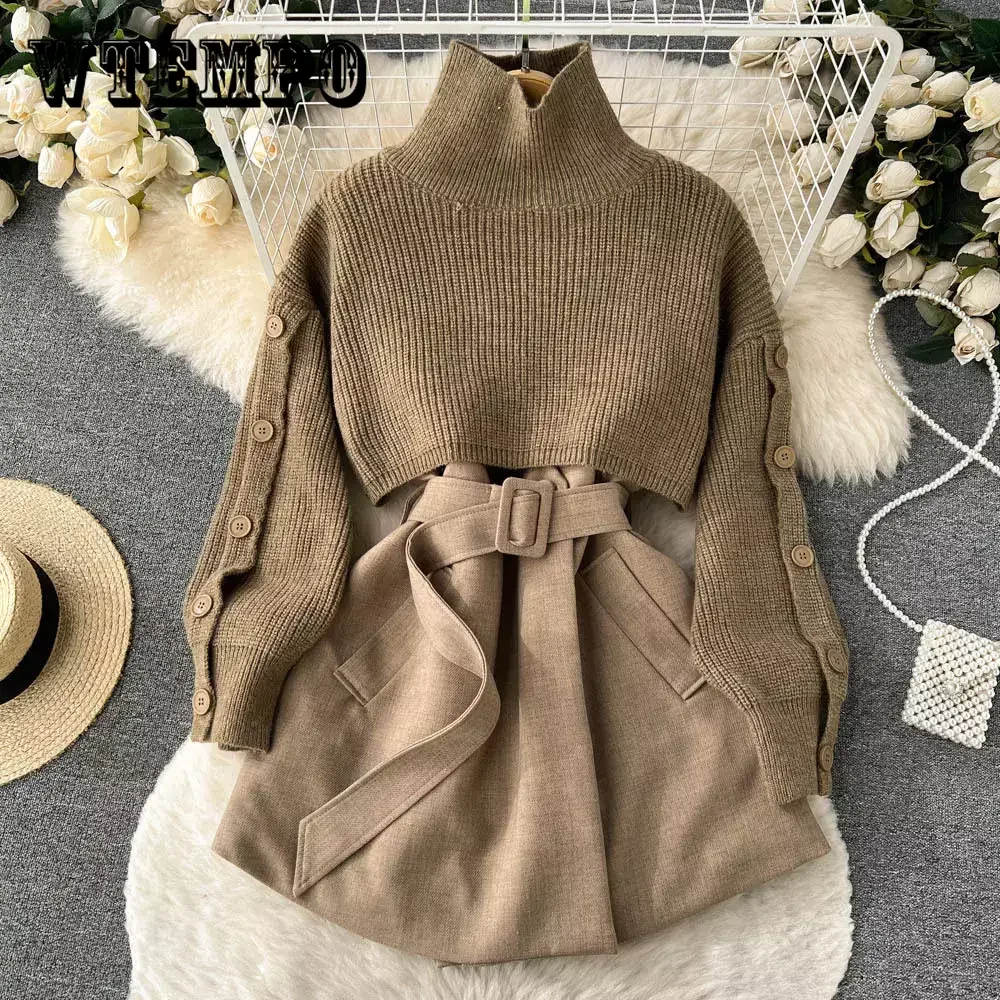 

WTEMPO женское осенне-зимнее трикотажное однобортное короткое платье-свитер с высоким воротником и V-образным вырезом