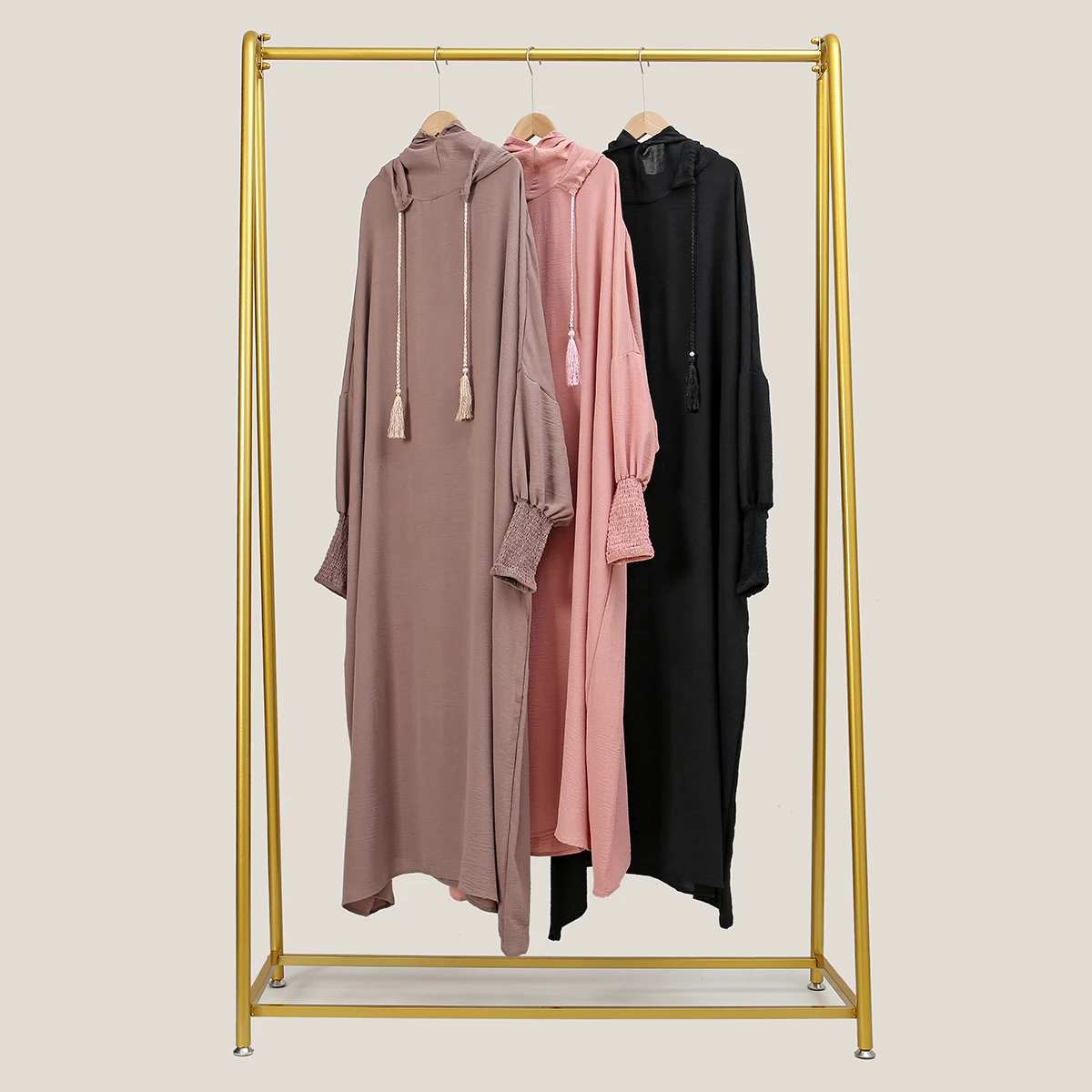 2024 summer new Middle East Muslim ladies solid color hooded tassel bat sleeve ice silk wrinkled dress comfortable breathable