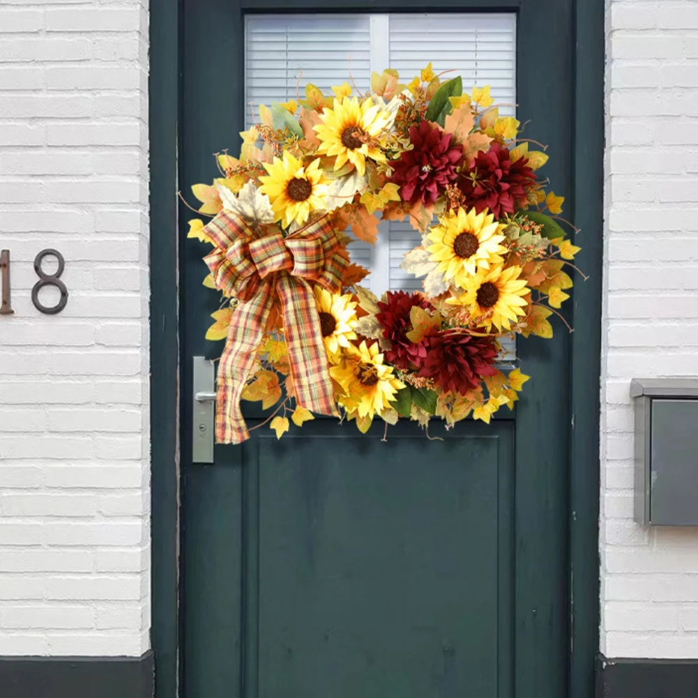 

Осенний венок 50 см с подсолнухами и осенними листьями для сезонного украшения стен на день благодарения, Хэллоуин