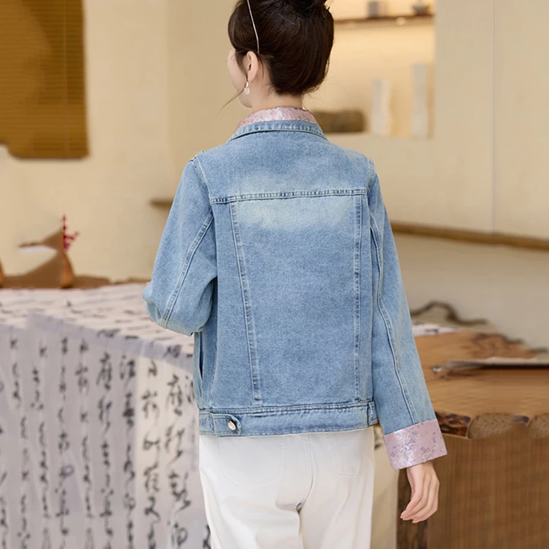 Guofeng Embroidered Denim Jacket Women 2025 Spring Autumn New Vintage Top Stitching Short Jeans Jacket Bomber Coat lady Clothing