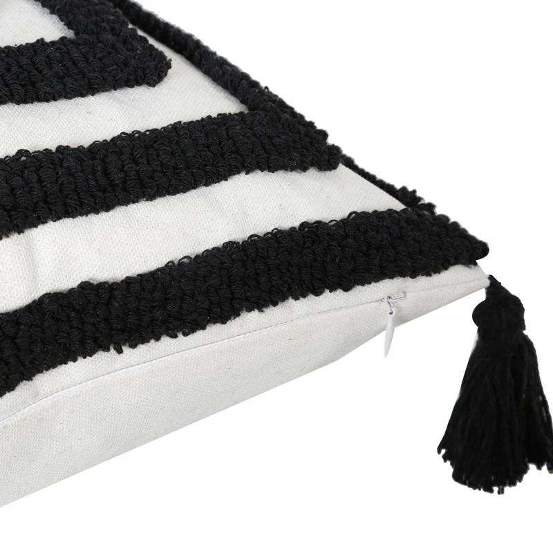 1Pc Black Stripe Tufted Throw Pillow Covers , Moroccan Decorative Pillow Cases with Tassels for Couch Sofa Bedroom Living Room