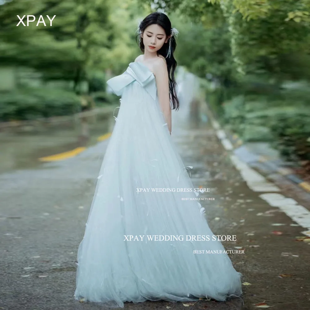 

XPAY Sky Blue Strapless Korea Evening Party Dresses Photos shoot Feathers A Line Prom Formal Party Dress Corset Backless