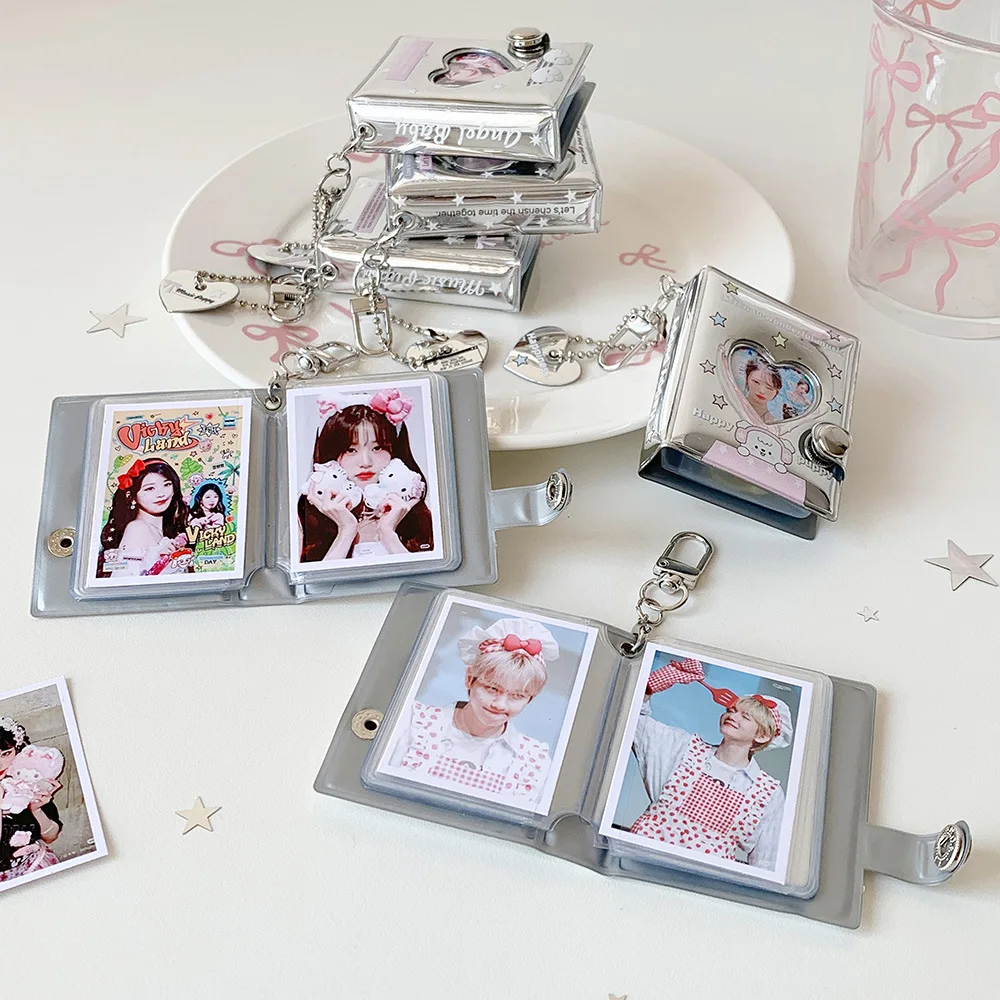 Kpop Korean Fashion Silver 2-Inch Photo Card Holder Cute Girl Backpack Pendant Decoration Keychain Card Bag Mini Card Album Gift