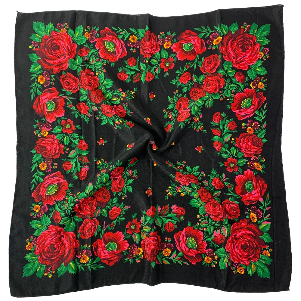 

70*70cm Russian Floral Square Scarf Women Luxury Flower Printed Bandana Headband Scarves Small Handkerchief Babushka Head Wraps