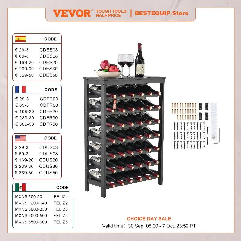 

VEVOR 42 Bottle Modular Wine Rack Solid Bamboo Wood Storage Racks with Table Top Floor Freestanding Wines Holder Display Shelf