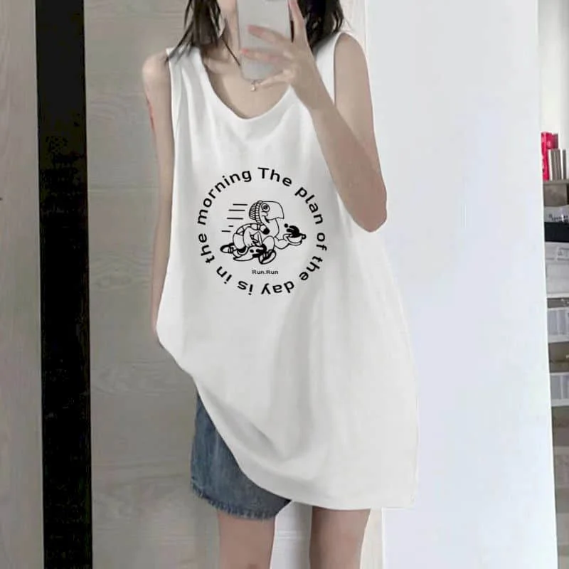 

Vest for Women Tops 100% Cotton Oversized Printing Korean Style Vintage Casual Sleeveless Loose Tanks Women Clothing Outerwear