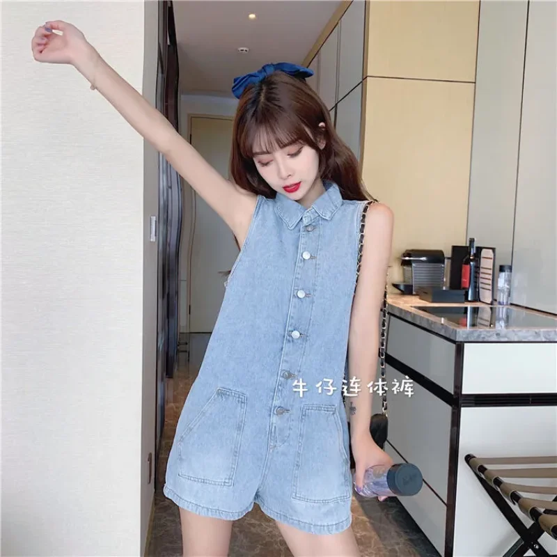 Retro Denim Jumpsuit Women's Summer New Versatile Sleeveless Short Loose Wide-leg Pants Trendy