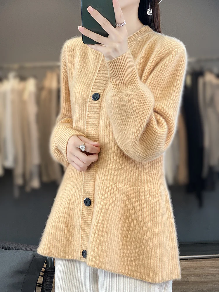 

100% Merino Wool Women Sweater Autumn Winter O-Neck Knitted Cardigan Office Lady Outerwear Long Sleeve Cashmere Clothing Tops