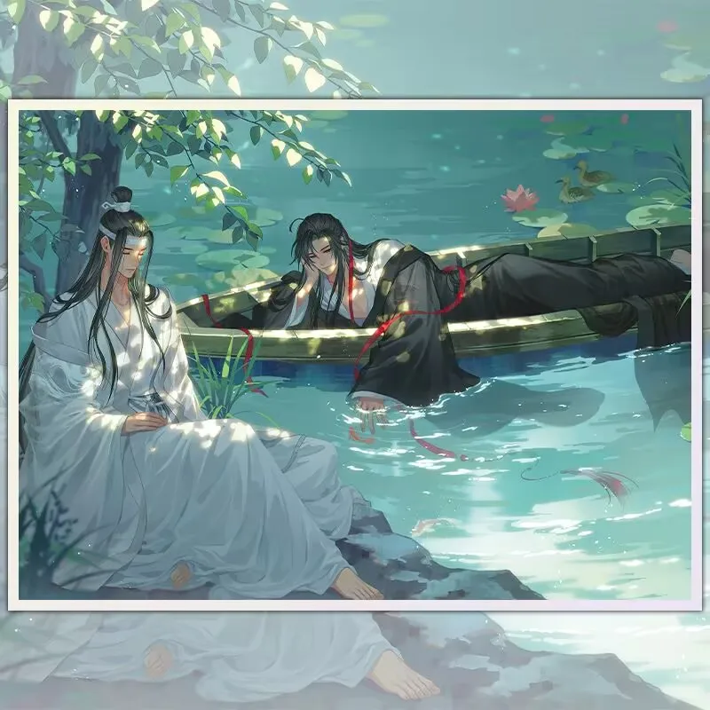 ورق ملون محيطي "مو داو زو شي" أزرق وانغ جي وي ووشيان على الطراز القديم ياوي فن مروحة غو زي "سيد المسار الشيطاني