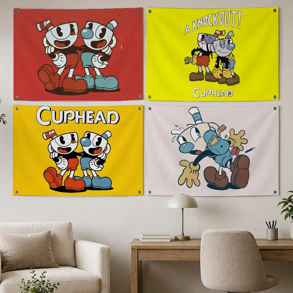 Retro Game Cuphead Flags Room Home Decor Wall‑Hanging Art Banner, Outdoor for Bedroom Party Background Decoration