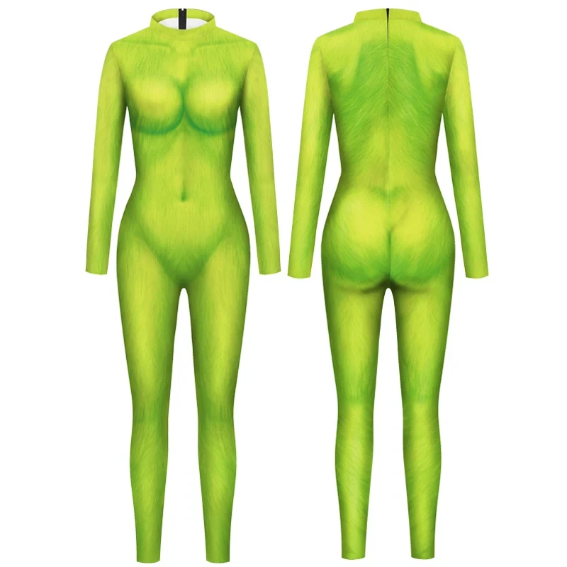 Costume de cosplay à motif de gars vert pour femme, combinaison de Noël, impression 3D, vêtements de fête de Noël, Zentai imbibé, vacances, catsuit sexy, 2024