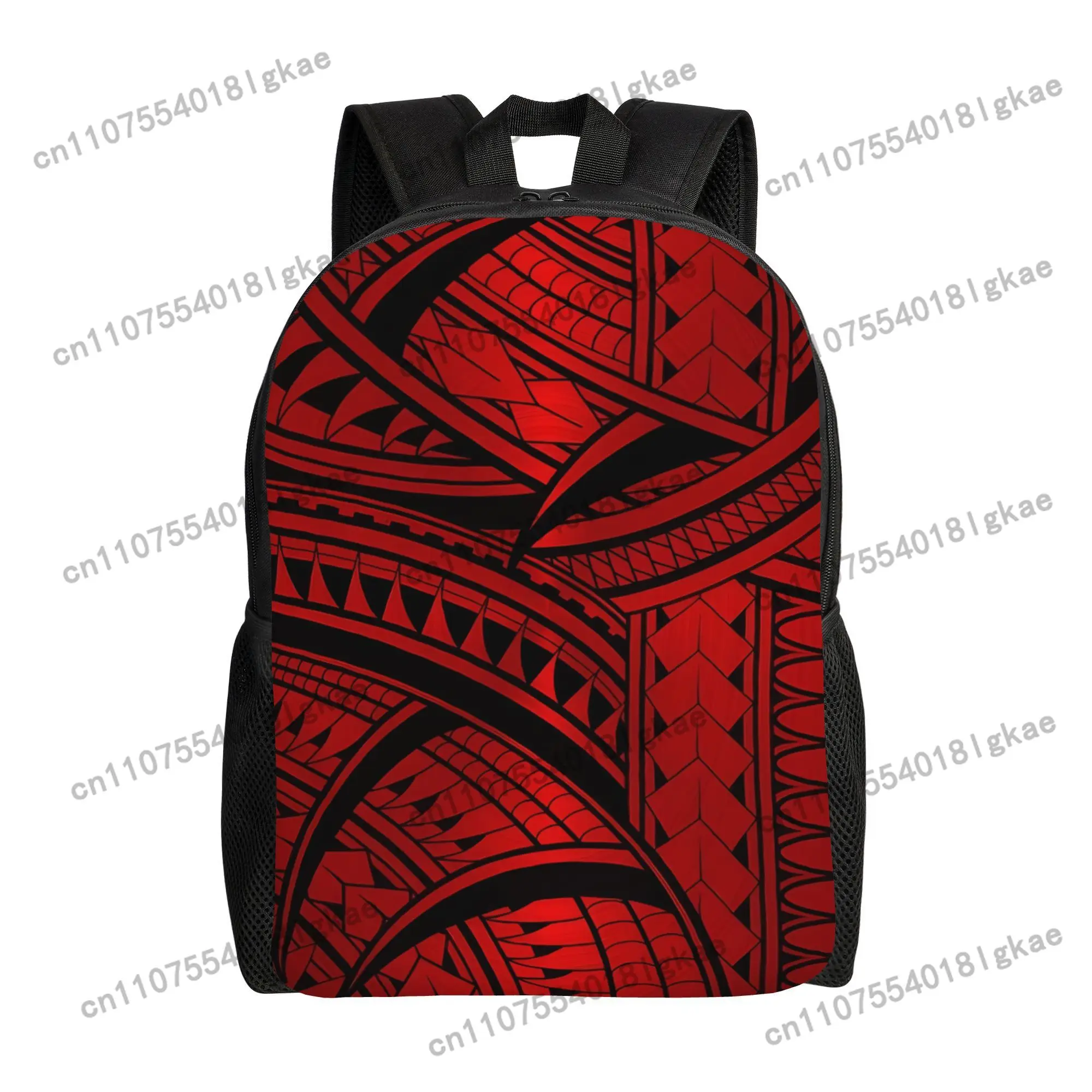 1pc Polynesian Tribal Pattern Laptop Backpack - Lightweight School Bag with Adjustable Strap, Zipper Closure, Red & Hawaiian Des