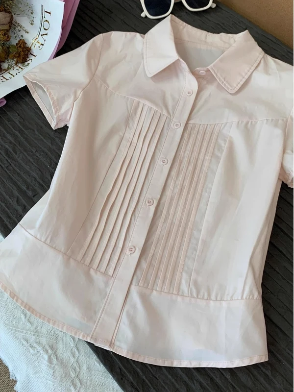 

Dopne Pink Pure Cotton Thin ort Sve Pleated irt Women Summer 2025 New Korean Version Casual ort Top
