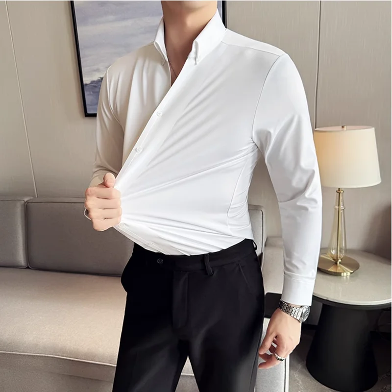 5A Antibacterial Men's Seamless Shirt High Quality Luxury Long Sleeved High Elastic Slim Fit Business V-neck Shirts Tuxedo 4XL-M