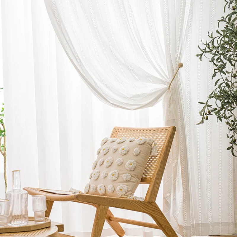 Japanese Simple Hollow Lace Translucent Window Screen Bedroom Living Room White Tulle Custom Size Sheer Fashion Modern Decor 5