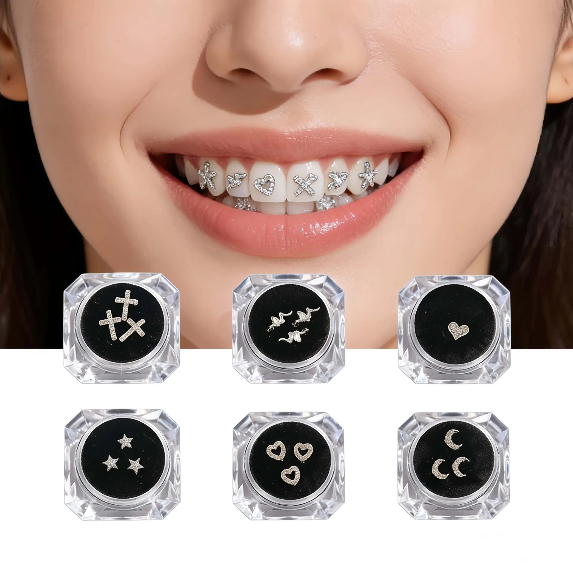 1Box DIY Silver Tooth Gems Kit, Shiny Thin Sheet Designs Heart/Star/Moon/Cross, Dental Decoration Accessories