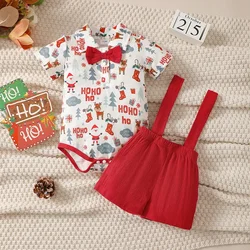 2PCS Newborn Baby Boy Christmas Clothing Set Short Sleeve Christmas Bodysuit+Overall Cute Holiday Party Wear for Baby 0-18Months