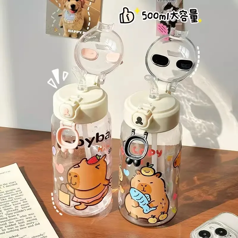 

Cute Cartoon Water Bottle Stylish Sports Water Bottle Portable Plastic Straw Cup 500ml Capybara Straw Cup For Backpack Daily