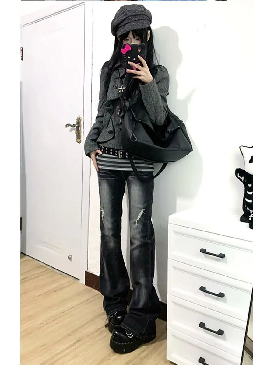 

Spring Summer American Vintage Street Style Jeans Women's Low Waist Slim Bootcut Jeans Punk Y2K Aesthetic High Street Long Jeans