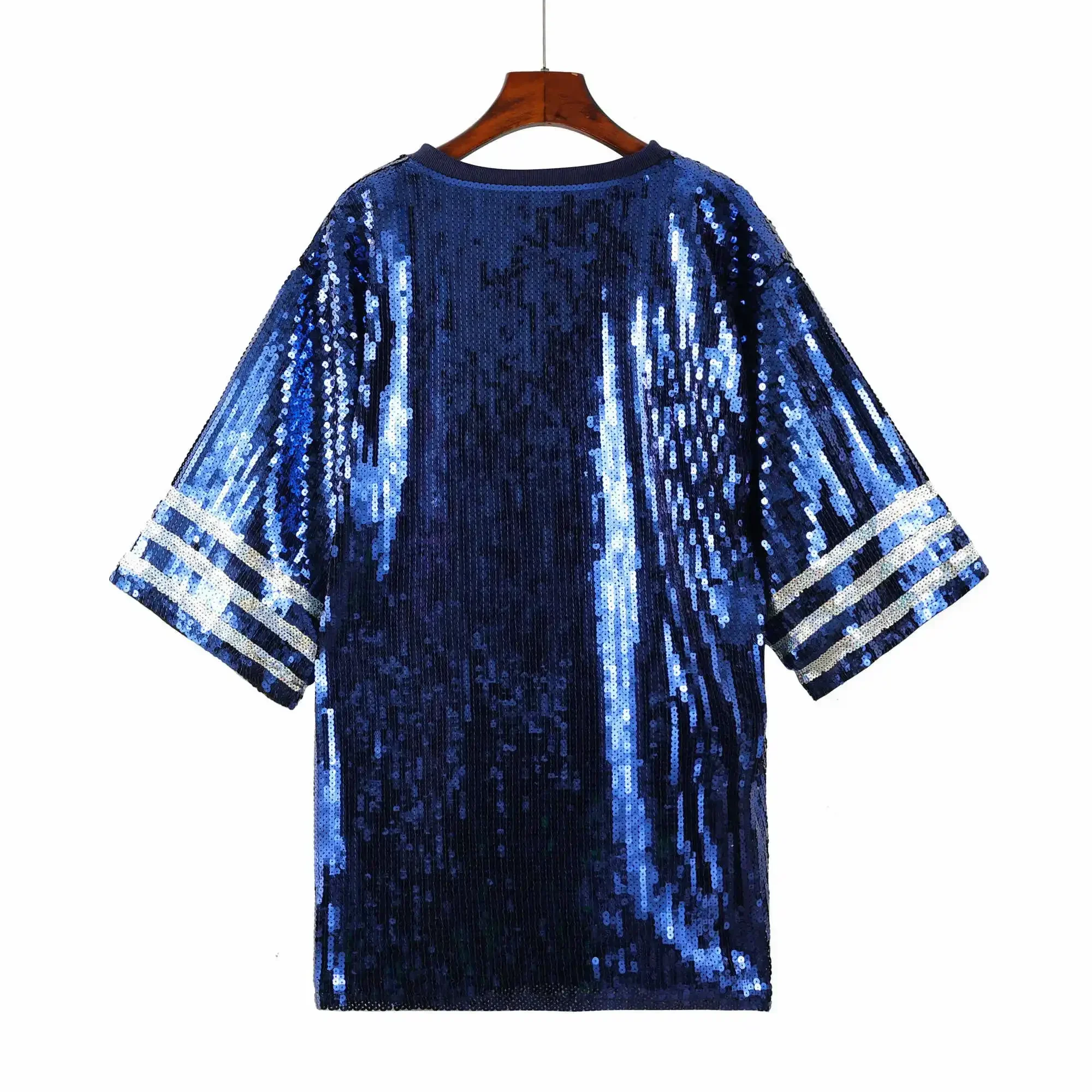 

2026 New Blue Color Stars Embroidery Half Sleeve Women's Sequined T-shirt Pentagram Team Uniform Sequined Jersey Clothes