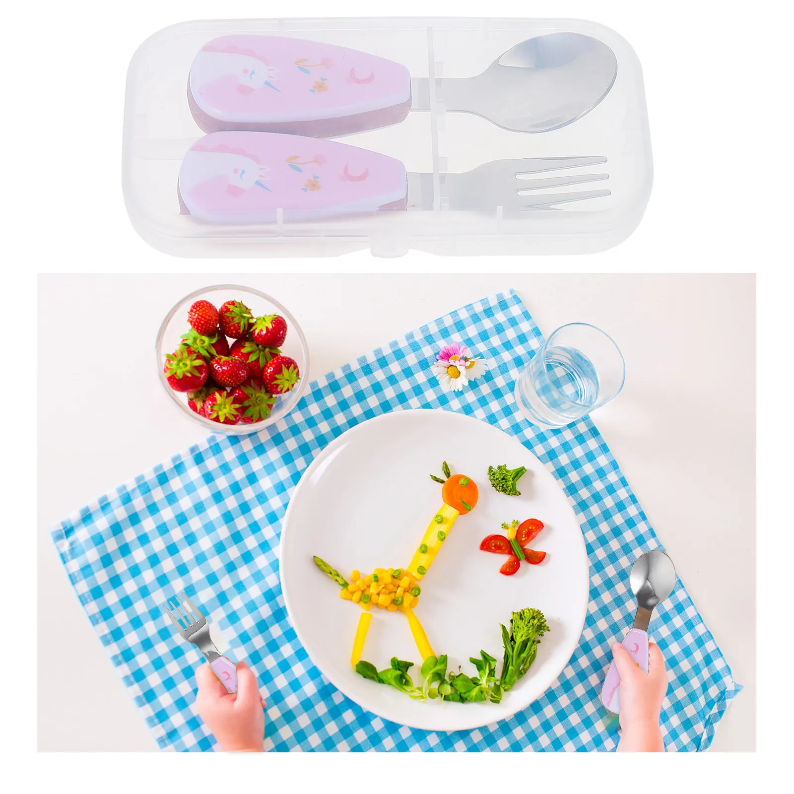 

1 Set Baby Spoon Fork Set Stainless Steel Plastic Toddler Feeding Utensils Cartoon Design Short Handle Self Feeding Training