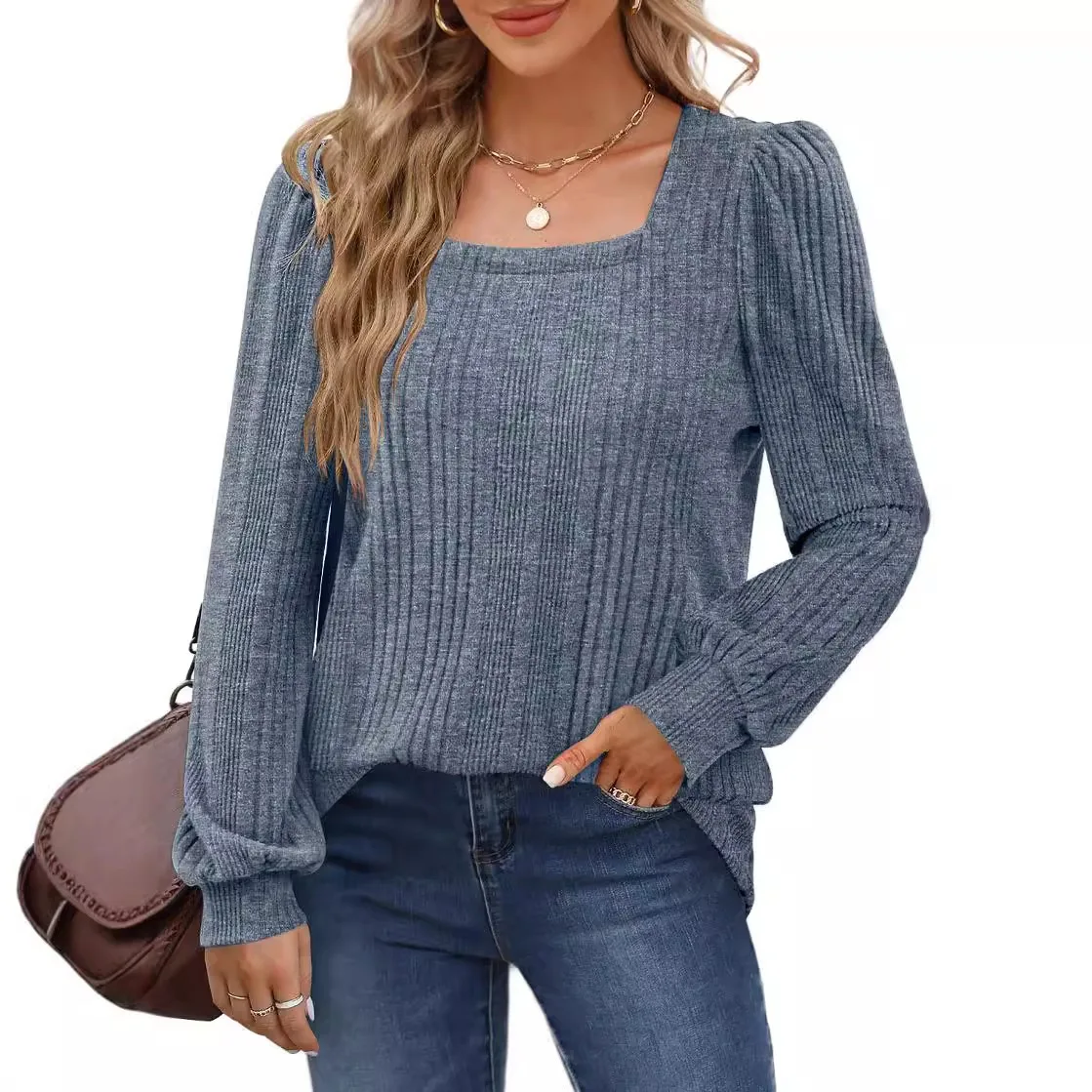 2024 Autumn and Winter New Women's Pit Stripe Square Neck Fashion Casual Long Sleeve Top Sweatshirt