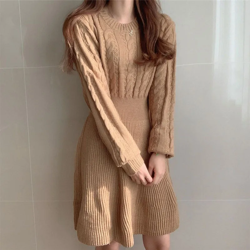 Autumn Winter Twist Knitted Dress Korean Solid O Neck Loose Long Sleeves A Line Dress Vintage Casual Warm Pullover Sweater Dress