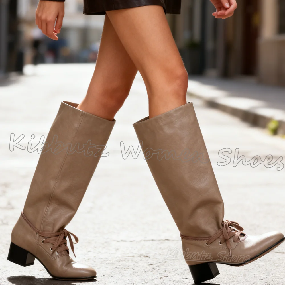 Lace-Up Boots Knee High Leather Round Toe Chunky Heels Women Concise Shoes Fashion Luxury Elegant Sexy Slip-On Solid Color New