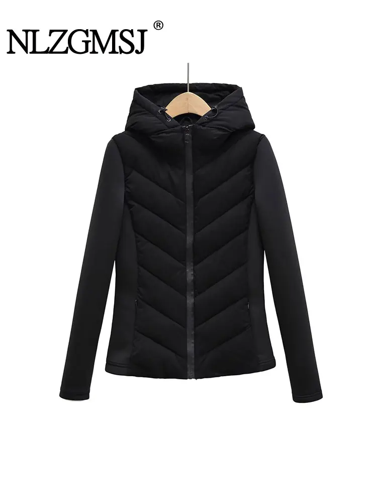 TRAF 2023 Winter Fashion Cropped Patchwork Hooded Slim Warm Cotton Coat Long Sleeve Zipper Female Outerwear Chic Tops