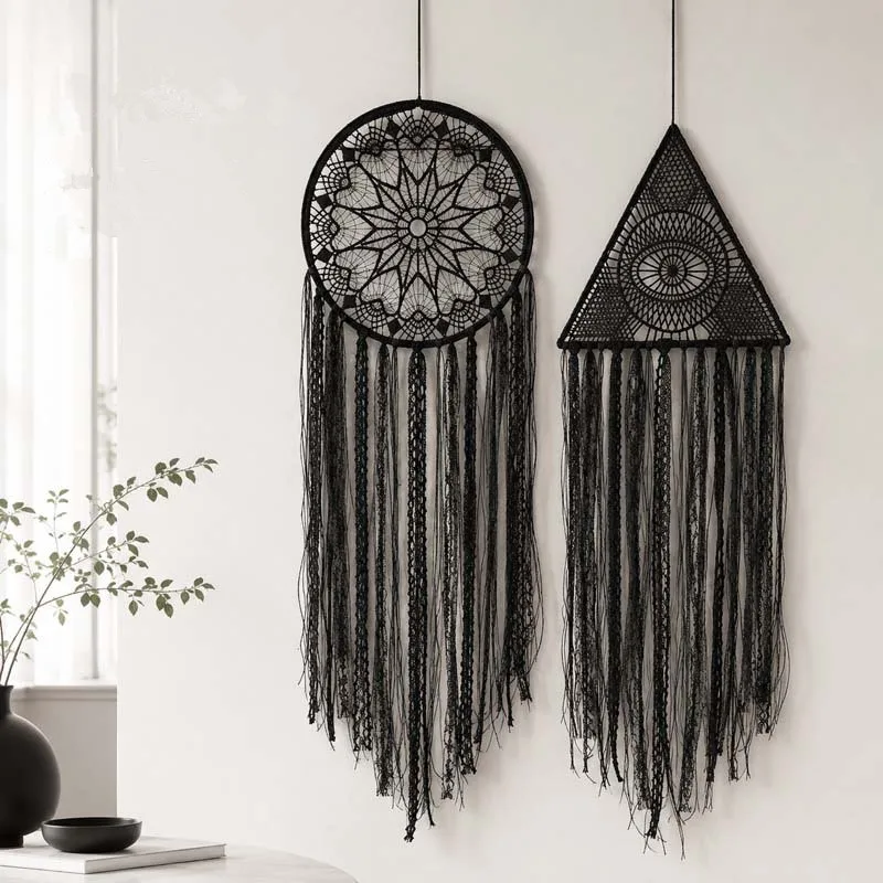 Circle/Triangle Handmade Black Macrame Dreamcatcher Tapestry Boho Woven Wall Hanging For Home Decoration Festival Gift