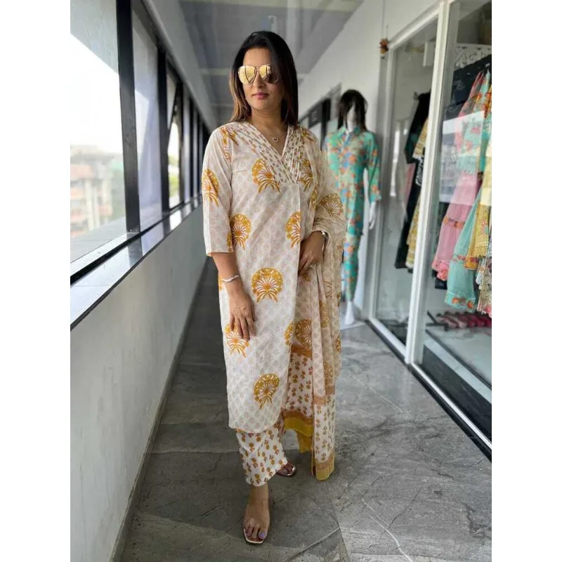 Baumwoll stoff Kurta Palazzo mit Dupatta Set Frauen Salwar Kameez Anzug Kurti Hose