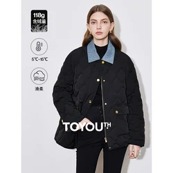 TOYOUH Women Down Jacket 2024 Autumn Winter New Denim Splicing Lapel Collar Zipper Closure Shirt Lightweight Warm Jacket