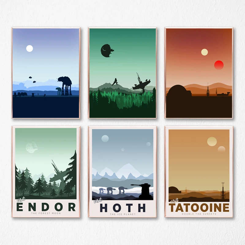 (No frame)Minimalist Space Wars Art Prints Tatooine Hoth Endor Posters Fans Gift Space Wars Canvas Painting Boys Room Wall Pi
