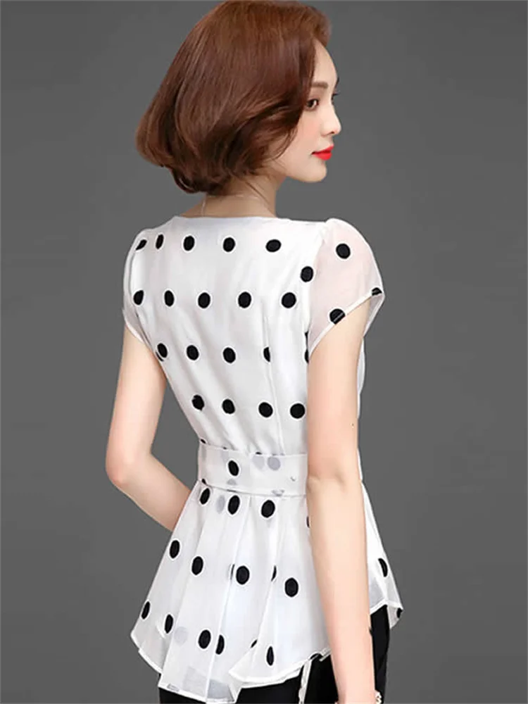 Women Casual Summer Style Chiffon Blouses Shirts Lady Short Sleeve O-Neck Polka Dot Printed Blusas Tops DF2824