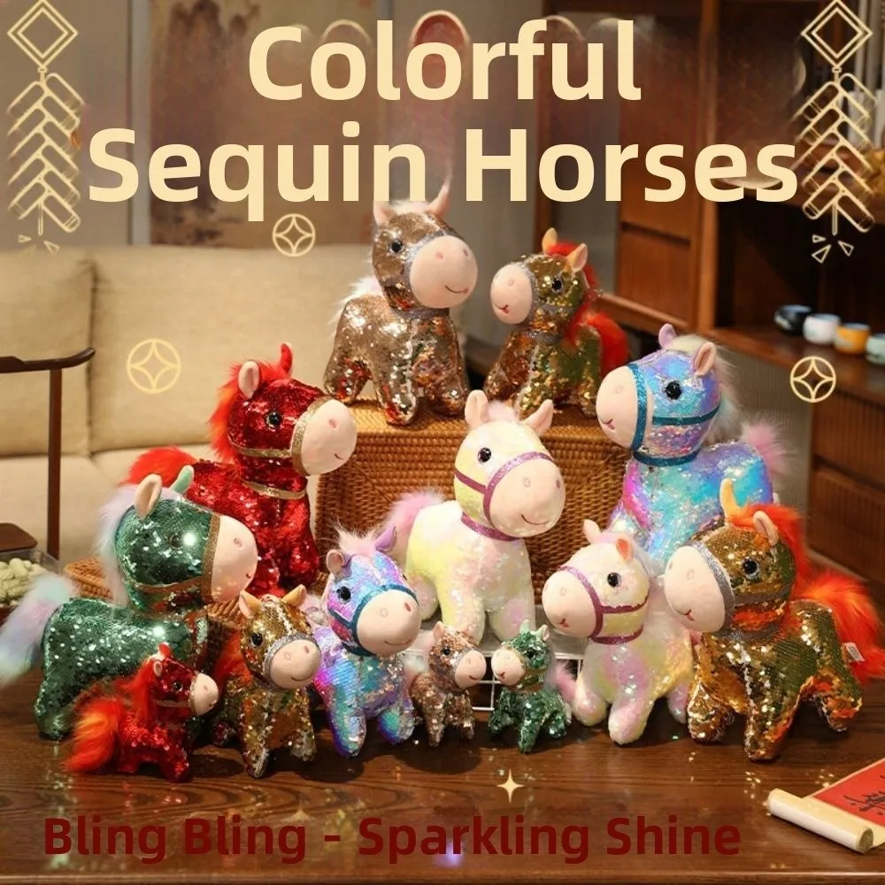 

Colorful Sequined Horse Plush Doll 10/20cm Mascot Dolls Stuffed Animal Pendants Kawaii Fluffy Cartoon Steed Doll Year of Horse