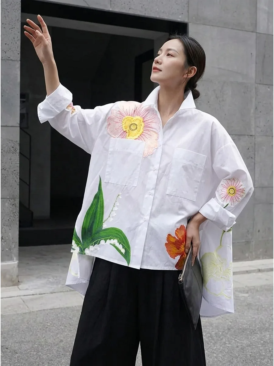 Bonboho Women White Oversized Floral Print Shirt Lapel Collar Button Down Long Sleeve Irregular Hem Casual Loose Blouse